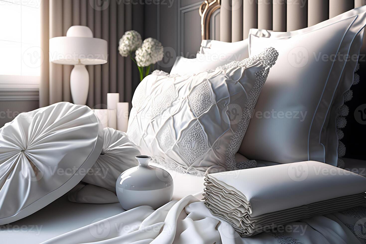 White pillows on the bed in a luxurious hotel. Neural network photo