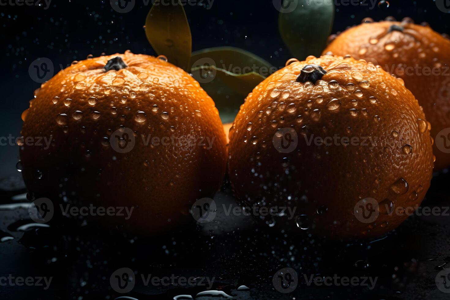fresh orange fruits with leaves as background, top view. Neural network photo