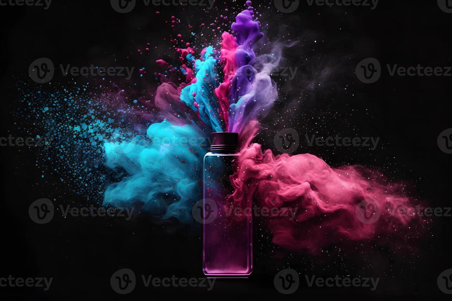 glass container with colored sand on rainbow splash background. Neural network photo