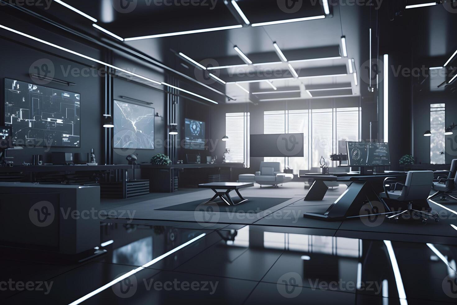 Futuristic meeting room interior, conference room, coworking. Modern Office. Neural network photo