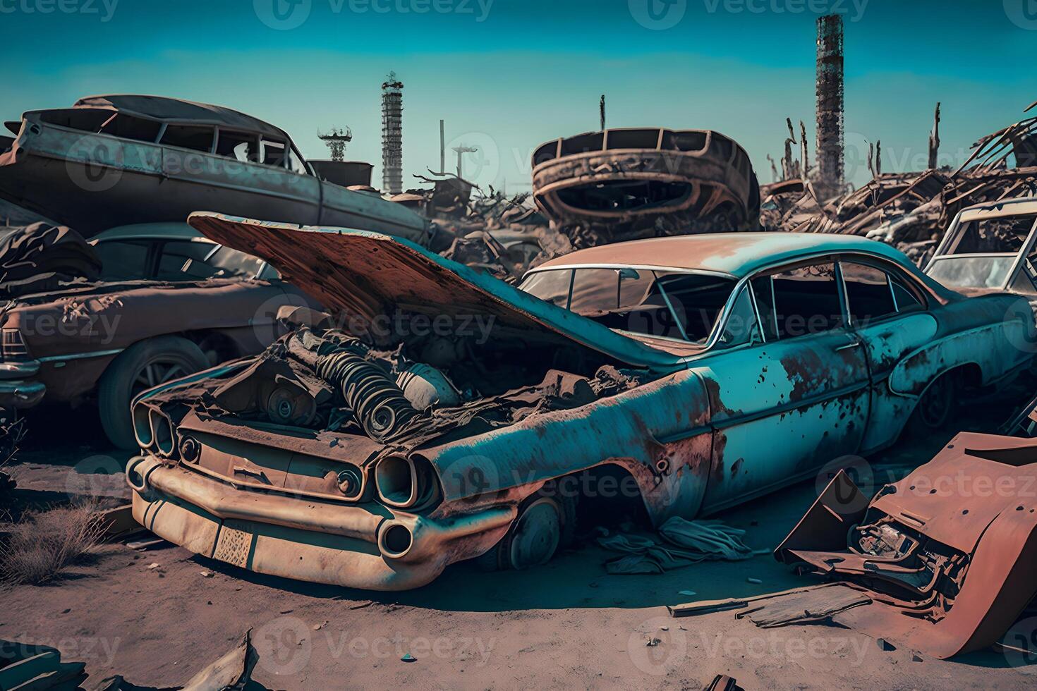 carros cementerio, pila de aplastada y deformado carros esperando a ser reciclado en un antiguo carros cementerio. neural red ai generado foto