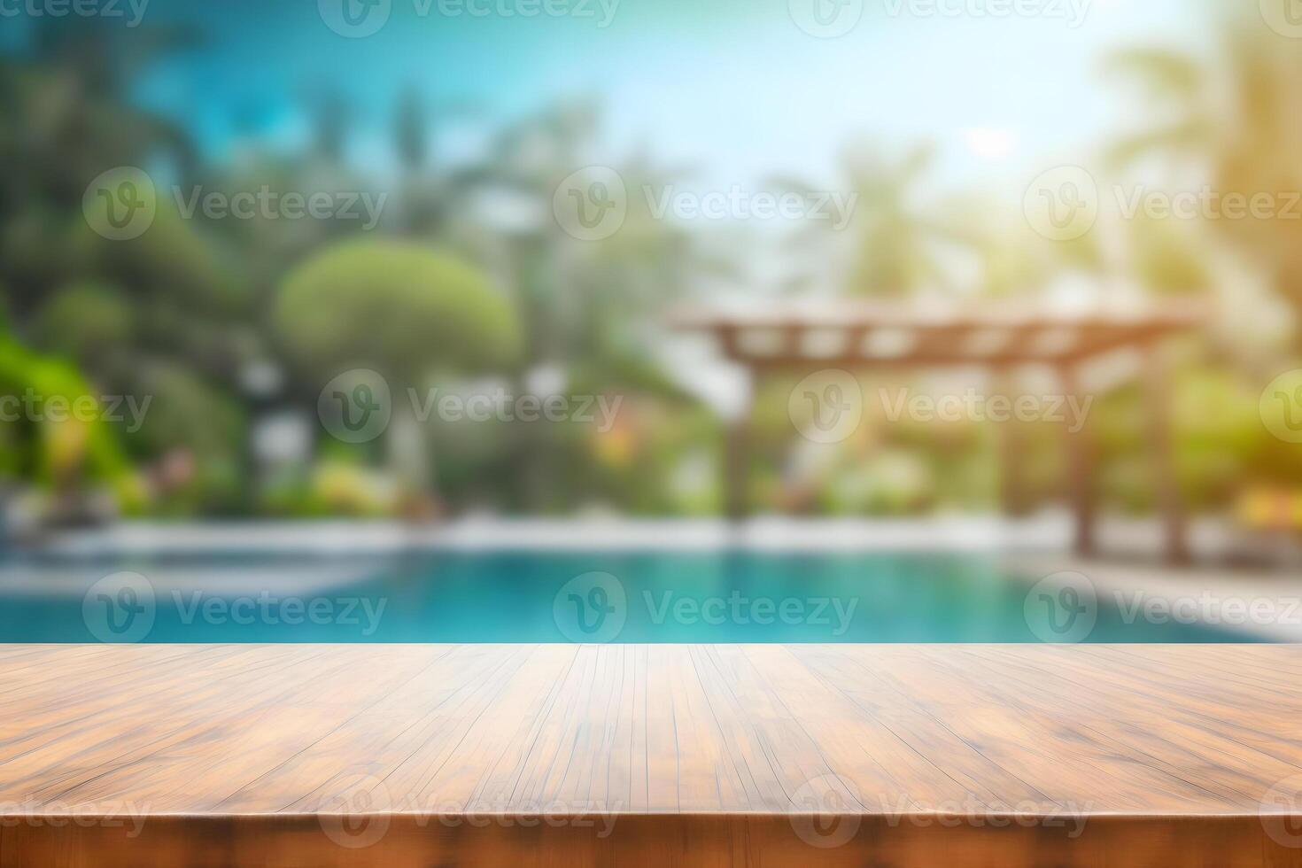 Empty wooden table in front with blurred background of swimming pool. Neural network photo