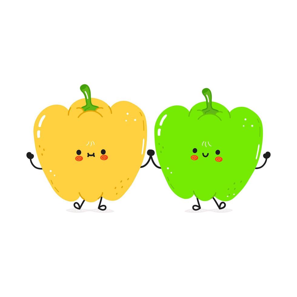 Yellow bell pepper and green bell pepper card. Vector hand drawn doodle style cartoon character illustration icon design. Happy Yellow bell pepper and green bell pepper friends concept card