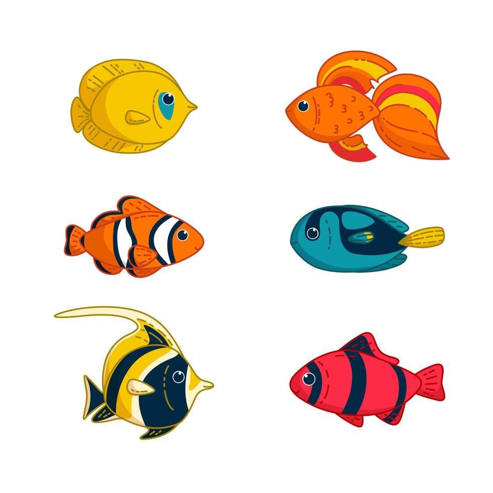 Set of tropical fishes. Vector illustration in cartoon style
