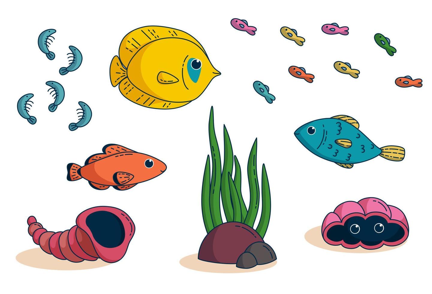 Set of tropical fishes. Elemets for kids clothes and items design. Vector illustration in cute cartoon style