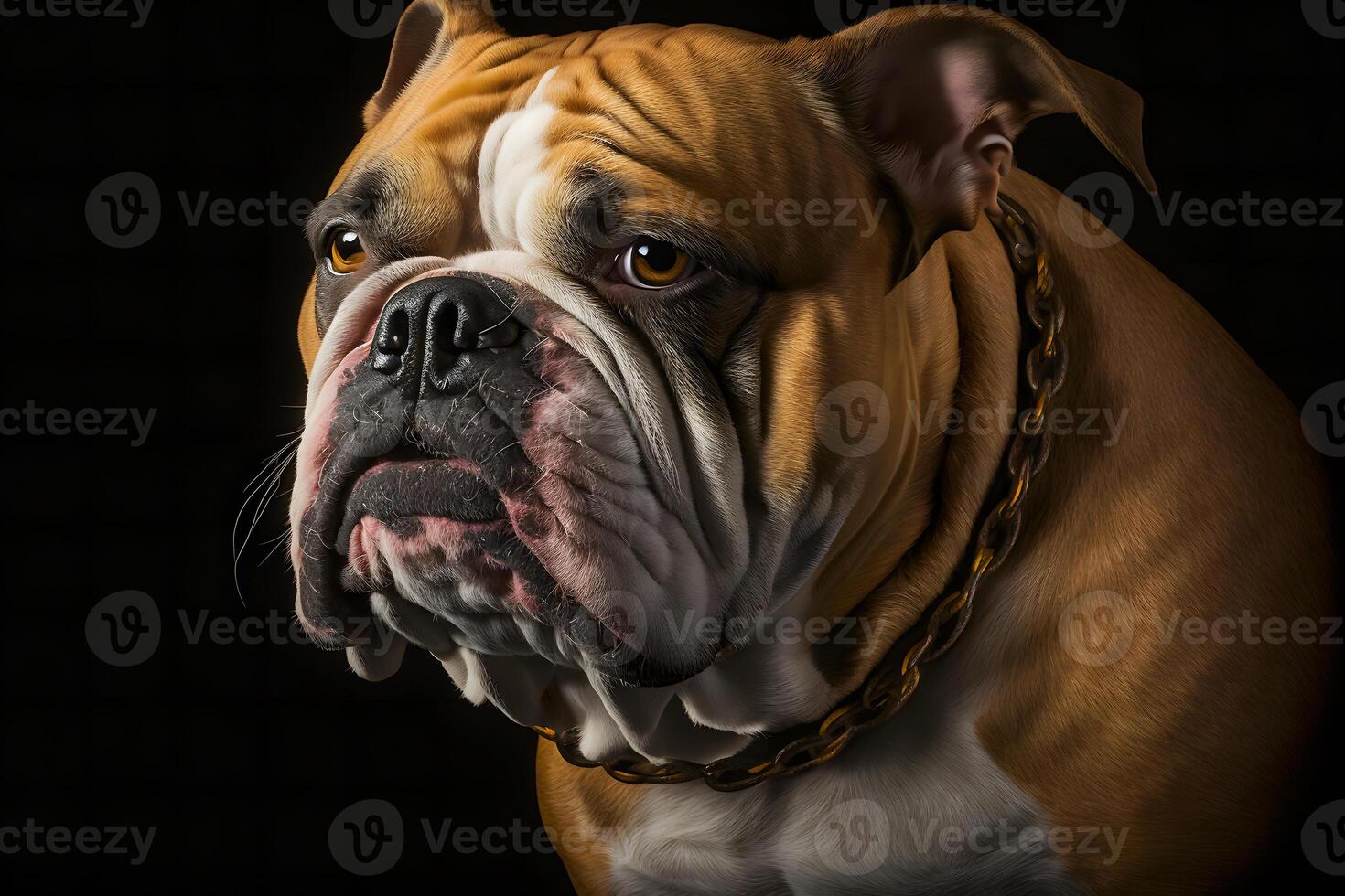 Portrait of an old english bulldog on a black background. Neural network photo