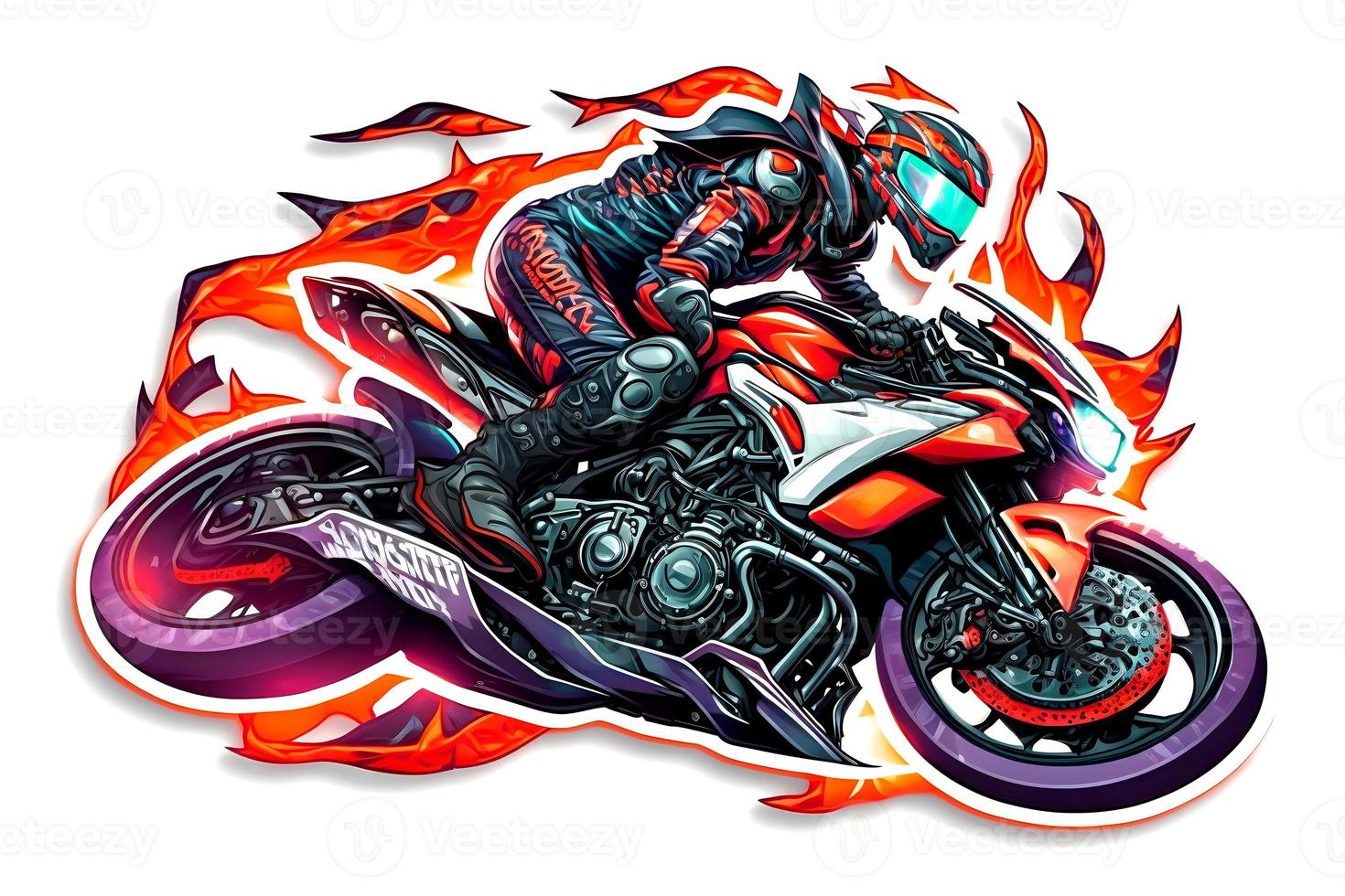 Sticker of Biker on sport motorcycle in watercolor style on white background. Neural network generated art photo