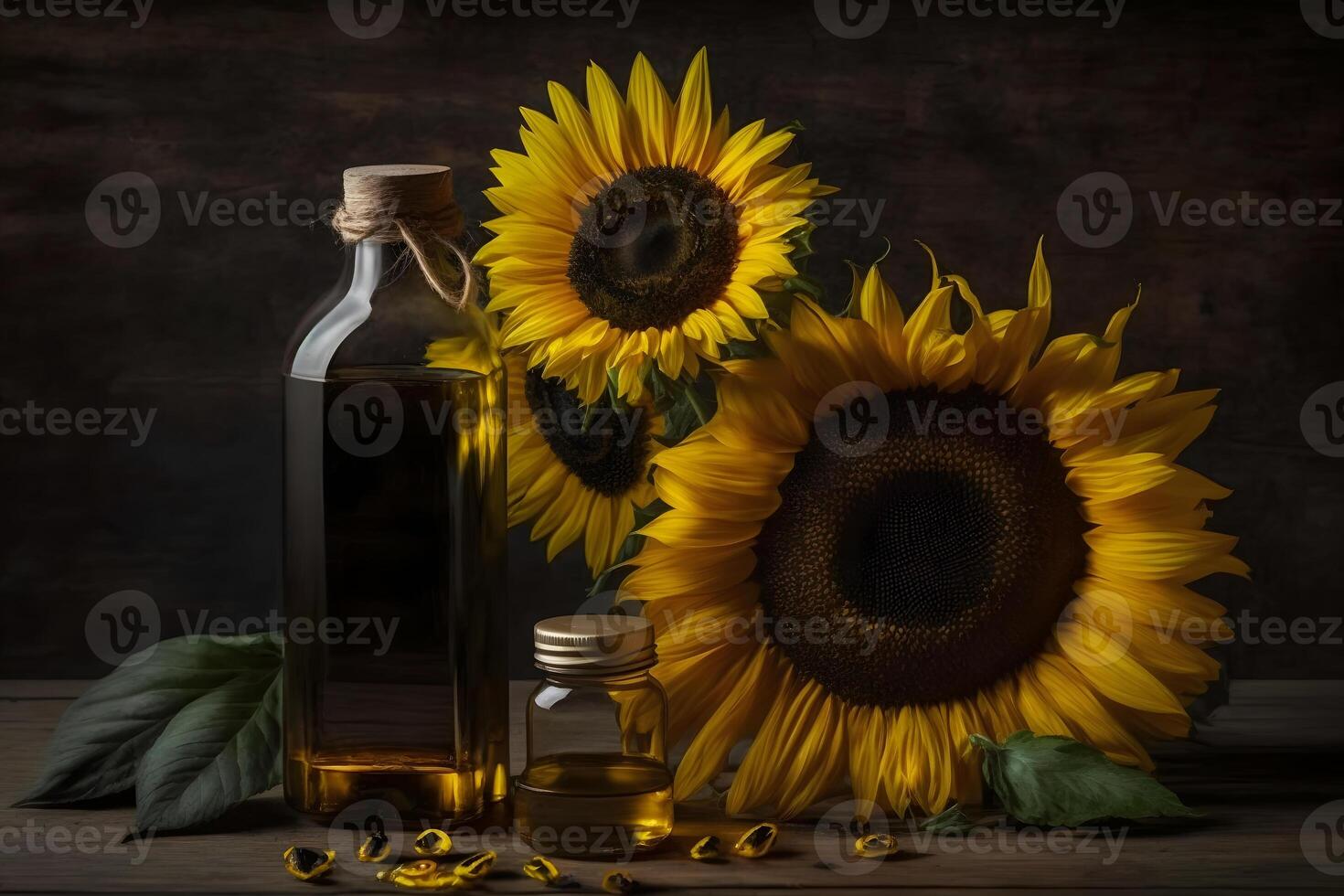 Rural still life sunflower oil in bottle with flowers of sunflower Helianthus annuus in dark light. Neural network photo