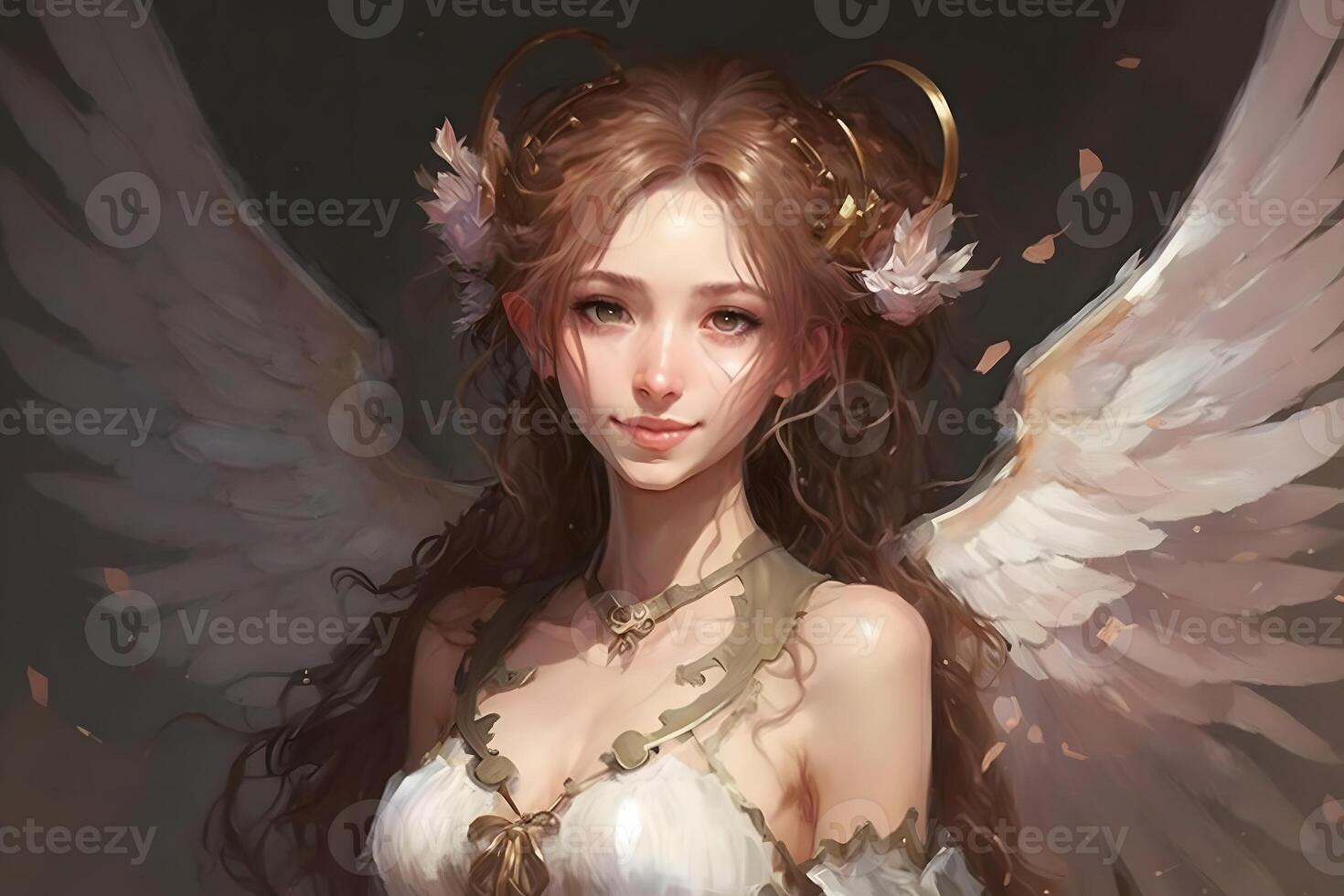 Portrait of a beautiful blonde angel girl in anime style. Neural network photo