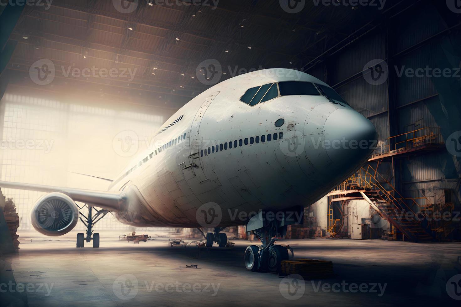 grande pasajero aeronave en mantenimiento en aeropuerto hangar. neural red generado Arte foto