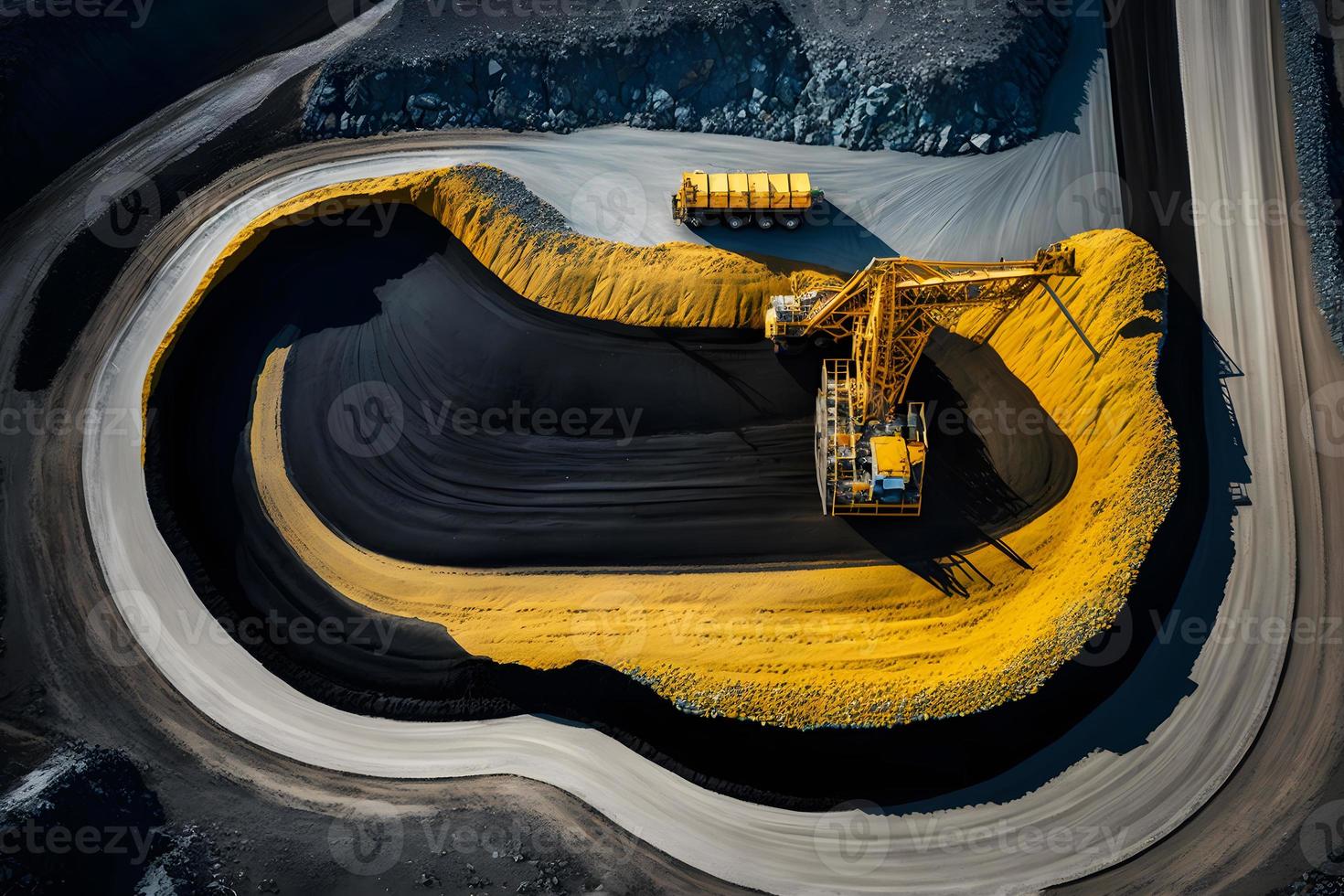 abierto pozo mío, extractivo industria para carbón. grande amarillo minería camión maquinaria para carbón cantera. neural red generado Arte foto