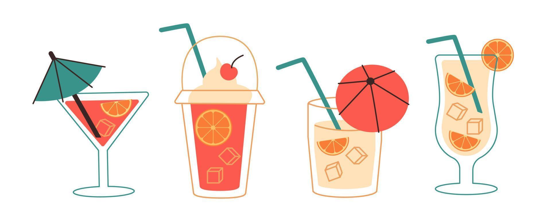 Icy pieces for drink cooling. Set of hand drawn colorful cocktails. Popular drinks in different types of glasses. Vector illustration of summer cocktails.