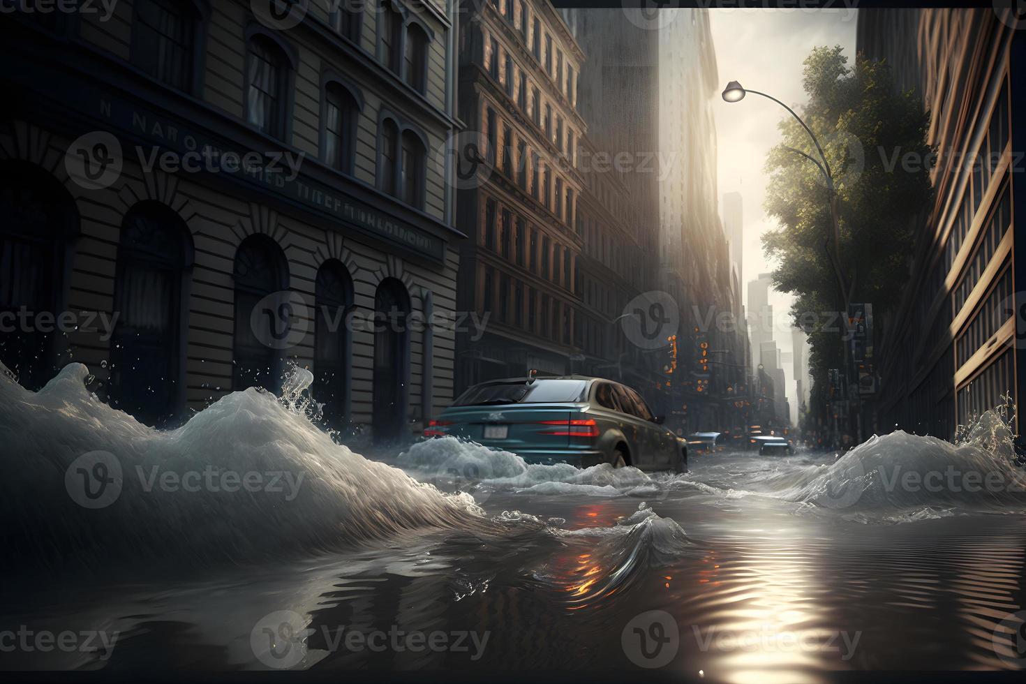 Flood in city center with light sky after heavy rain. Neural network generated art photo