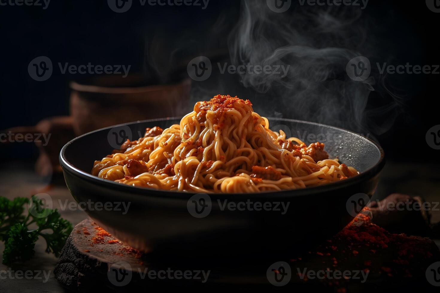 Black bowl with chinese noodles Jiangsu cuisine. Neural network photo