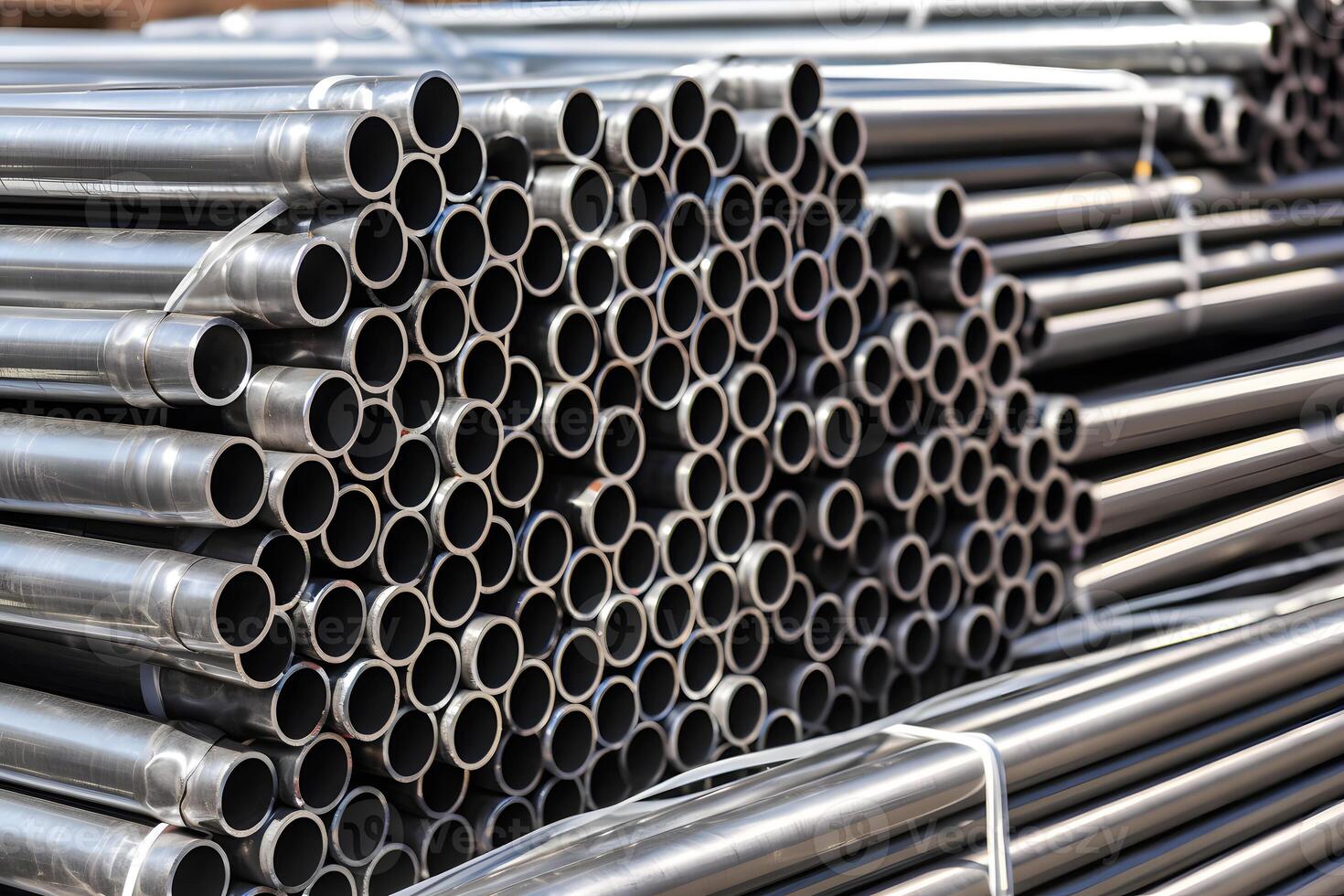 high quality Galvanized steel pipe or Aluminum and chrome stainless pipes in stack waiting for shipment in warehouse. Neural network photo