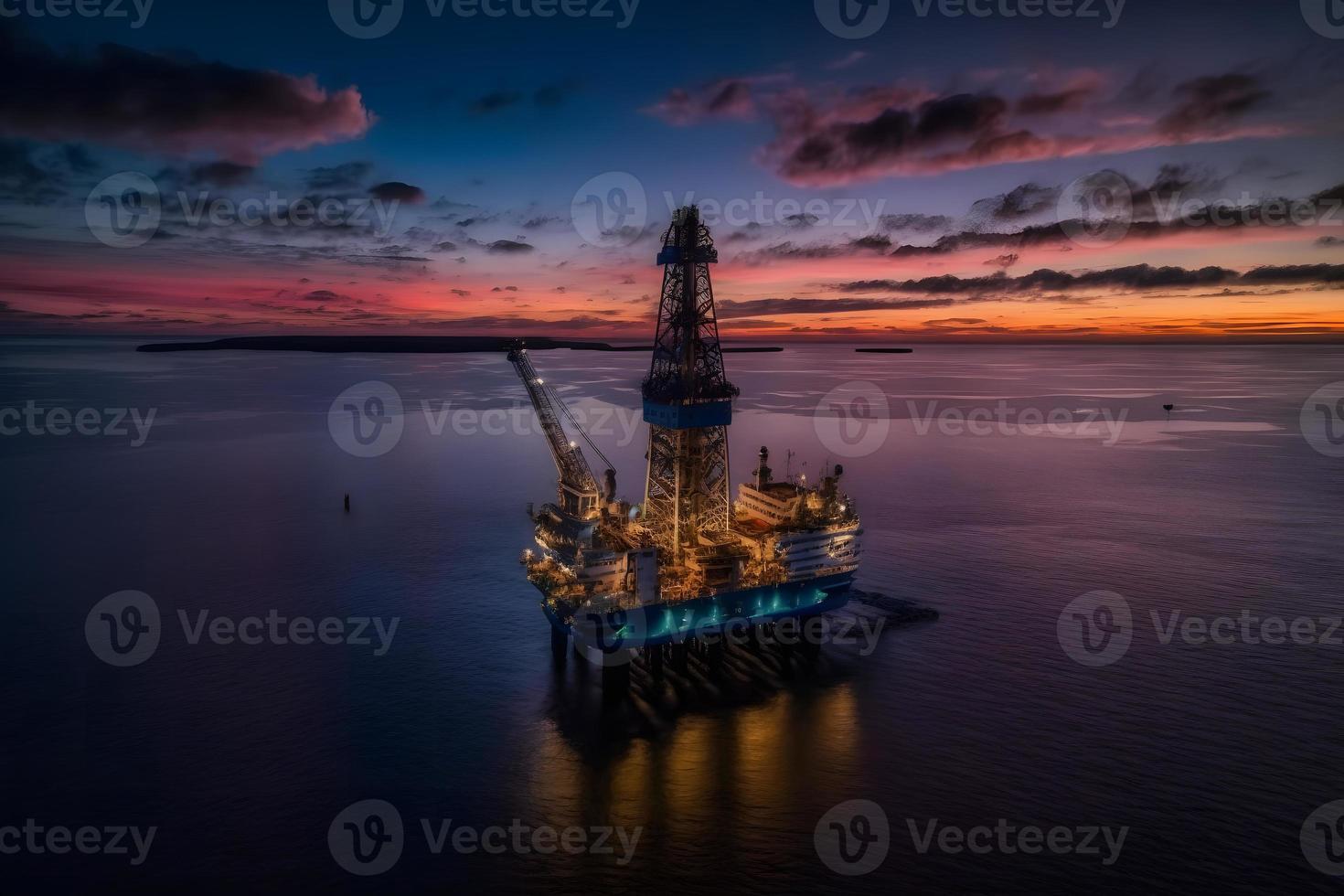 Aerial view offshore drilling rig jack up at the offshore location during sunset. Neural network generated art photo