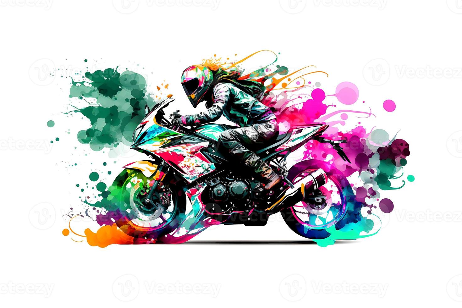 Sticker of Biker on sport motorcycle in watercolor style on white background. Neural network generated art photo