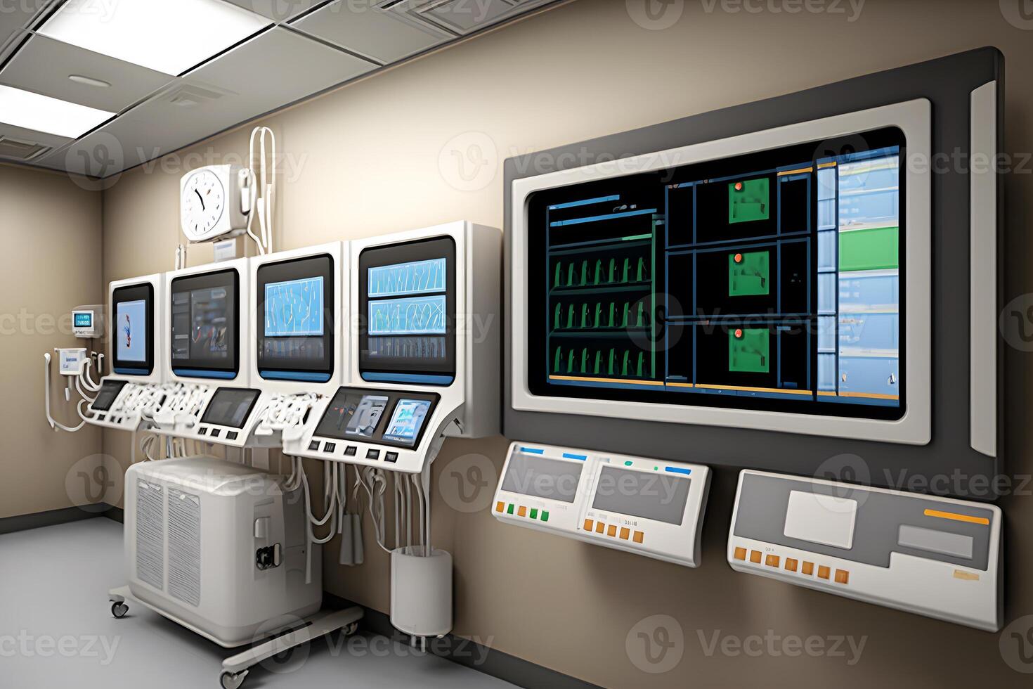 Interior of operating room in modern clinic with computer equipment. Neural network photo
