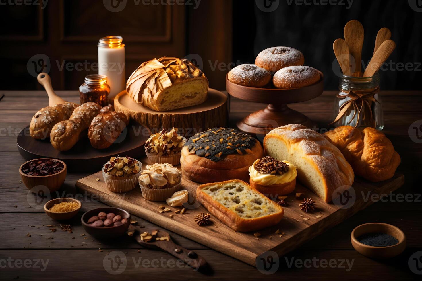 Bakery product assortment with bread loaves, buns, rolls and Danish pastries. Neural network photo