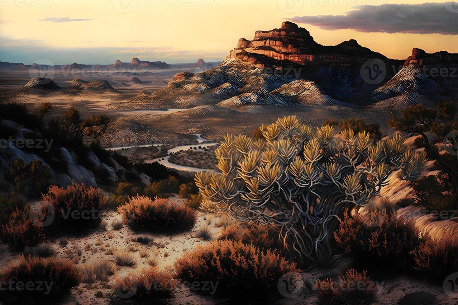 Red rock canyon desert in Nevada panoramic landscape at evening. Neural network generated art photo