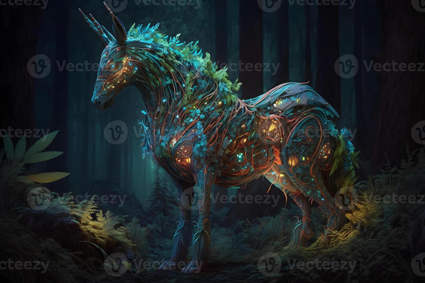 Fairytale unicorn in fantasy forest Neural network photo