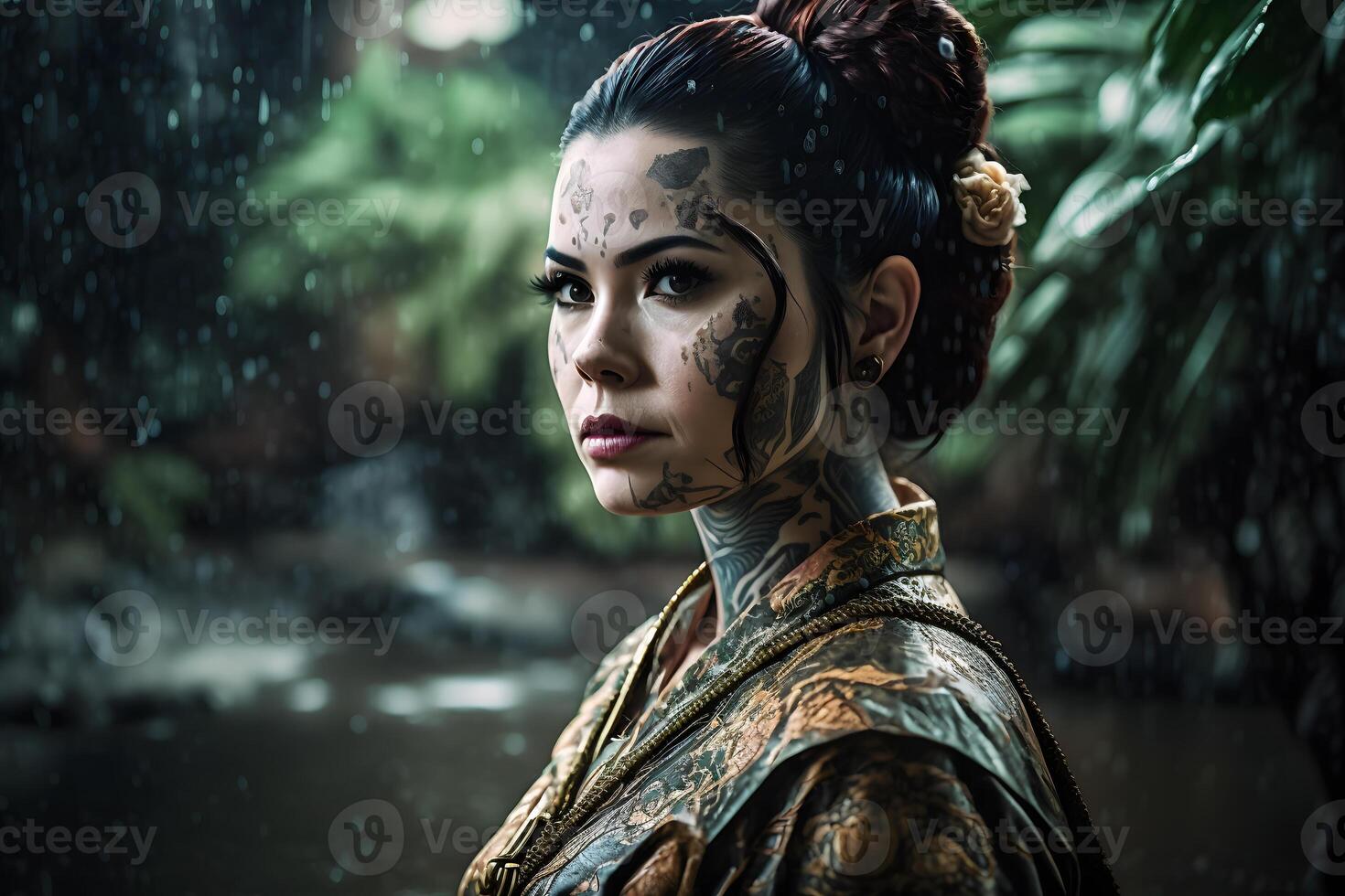 Japanese geisha with tattoo. Neural network photo