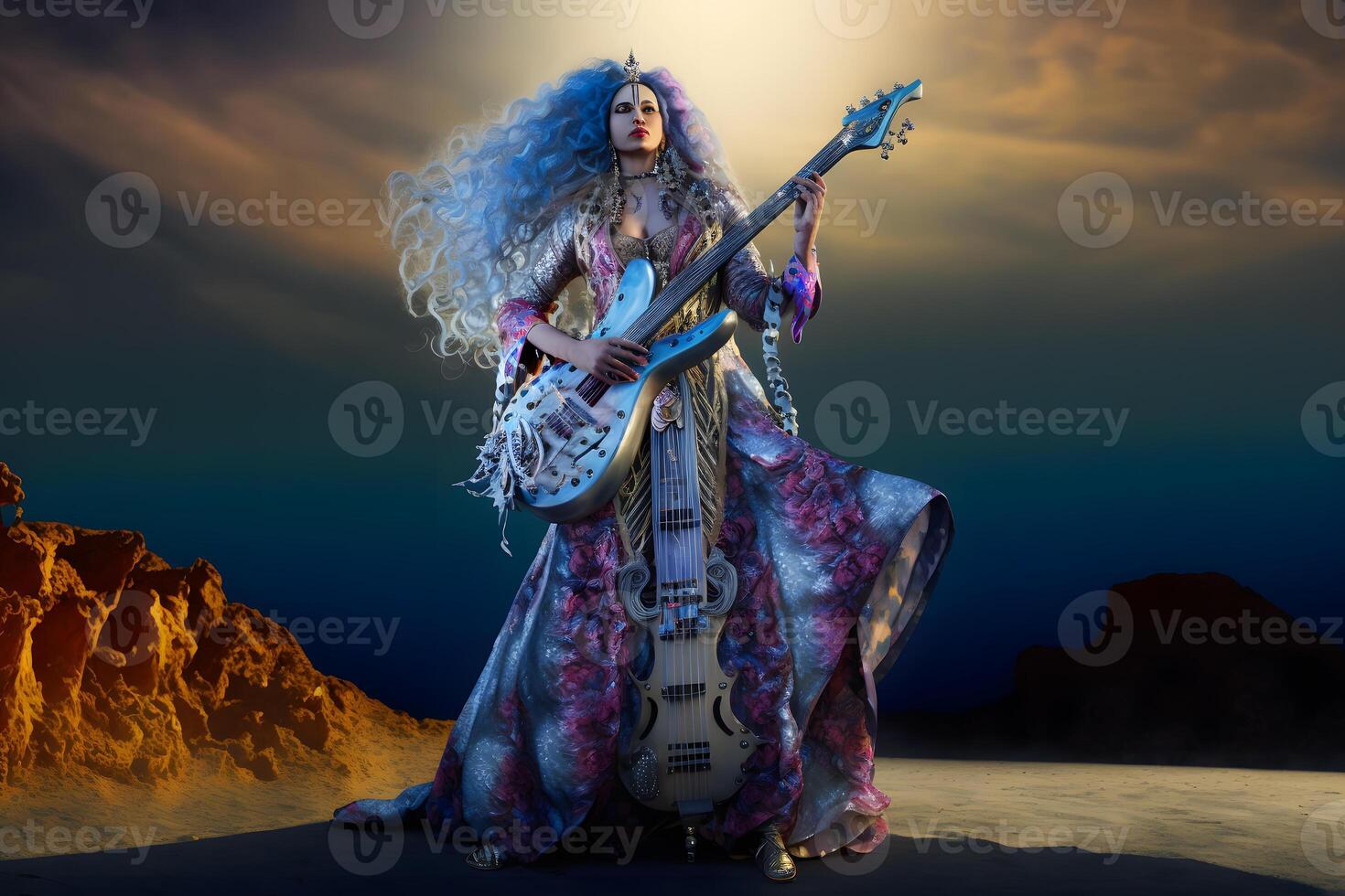 Beautiful rock star woman with electric guitar. Neural network photo