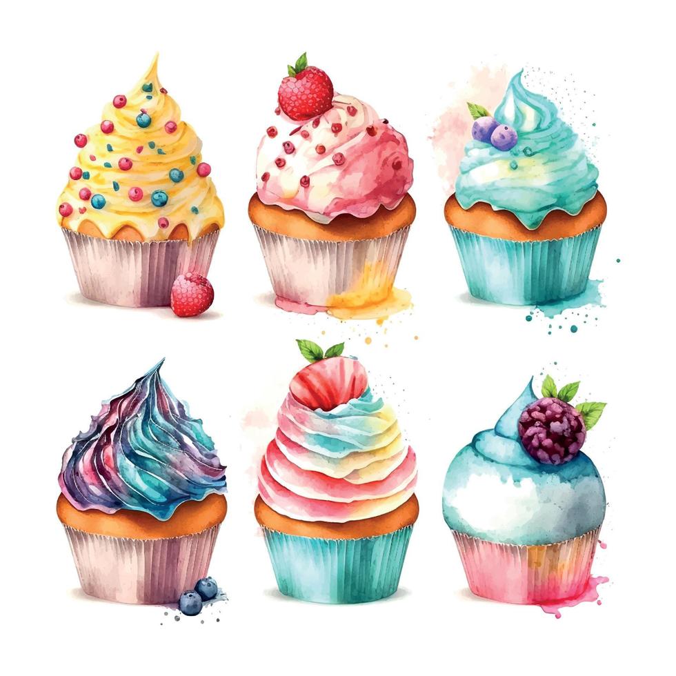 cupcake set with cream. watercolor illustration ice cream vector