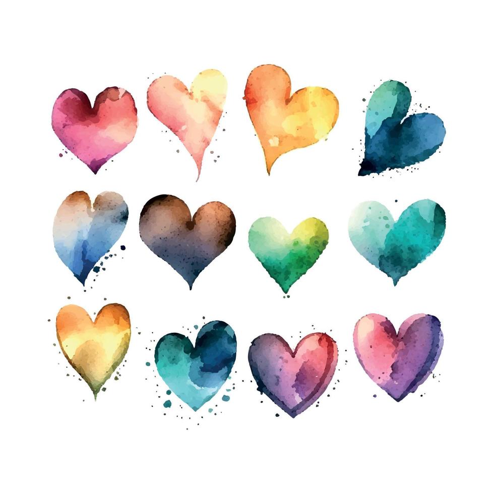 Set of colorful watercolor hearts. Vector illustration