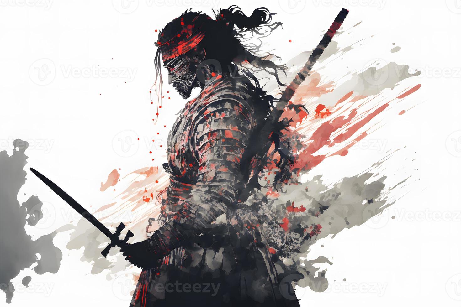 A thoughtful samurai in armor stands in profile against the abstract red and white background. Neural network generated art photo