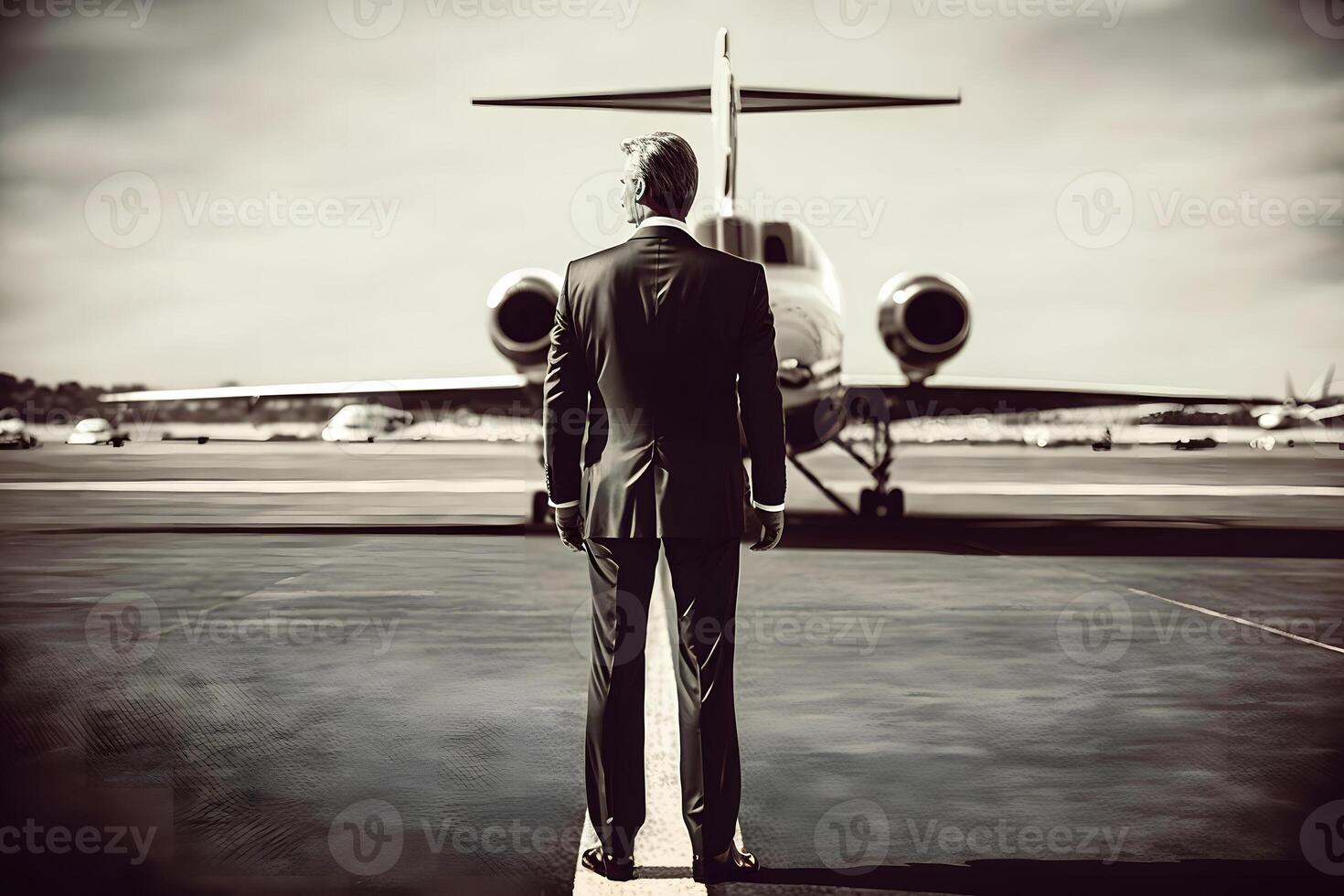 Rear view of businessman walking towards corporate jet. Neural network photo