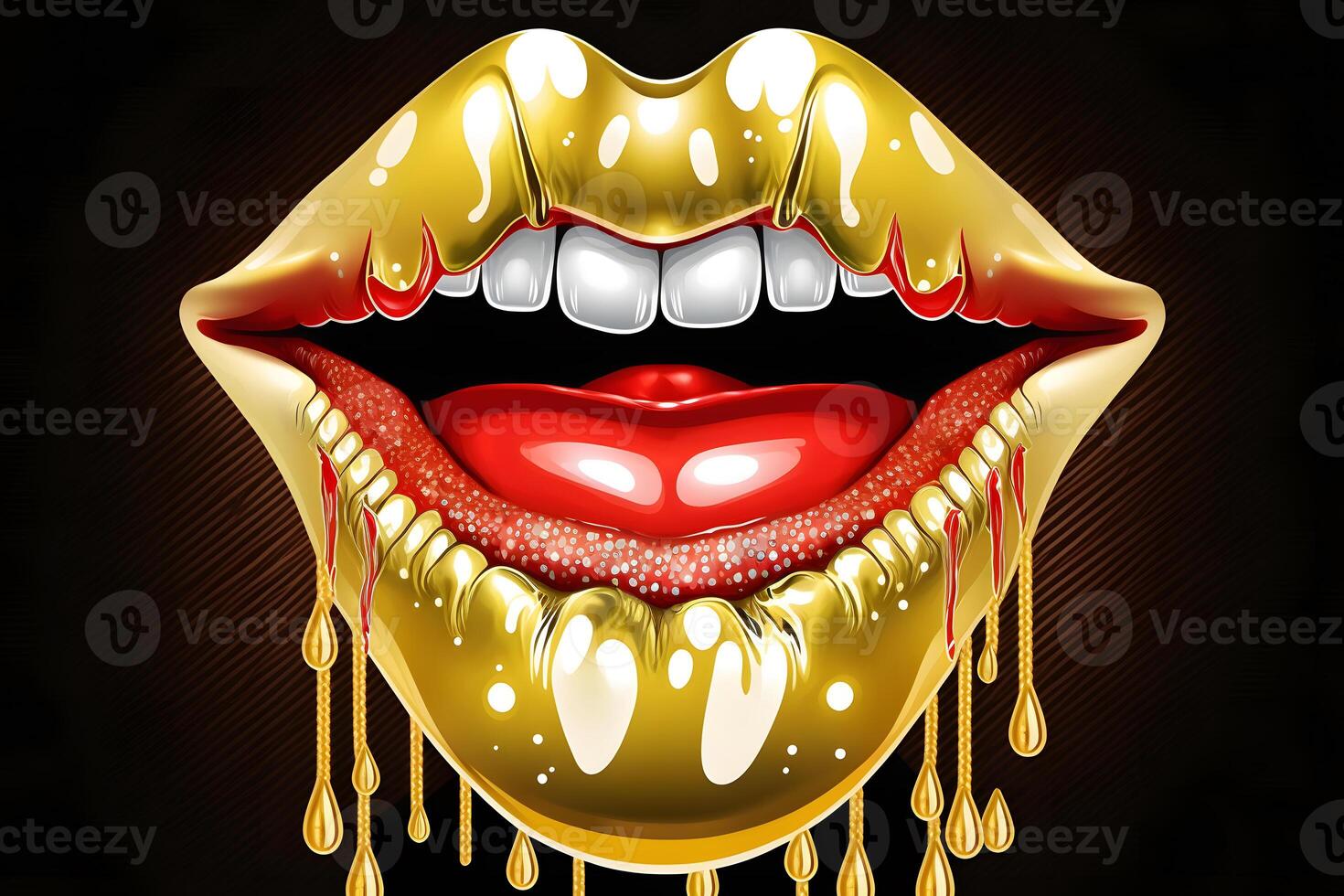 Gold Paint from the lips. Golden lips on beautiful model girls mouth. Make-up. Beauty makeup close up. Neural network photo