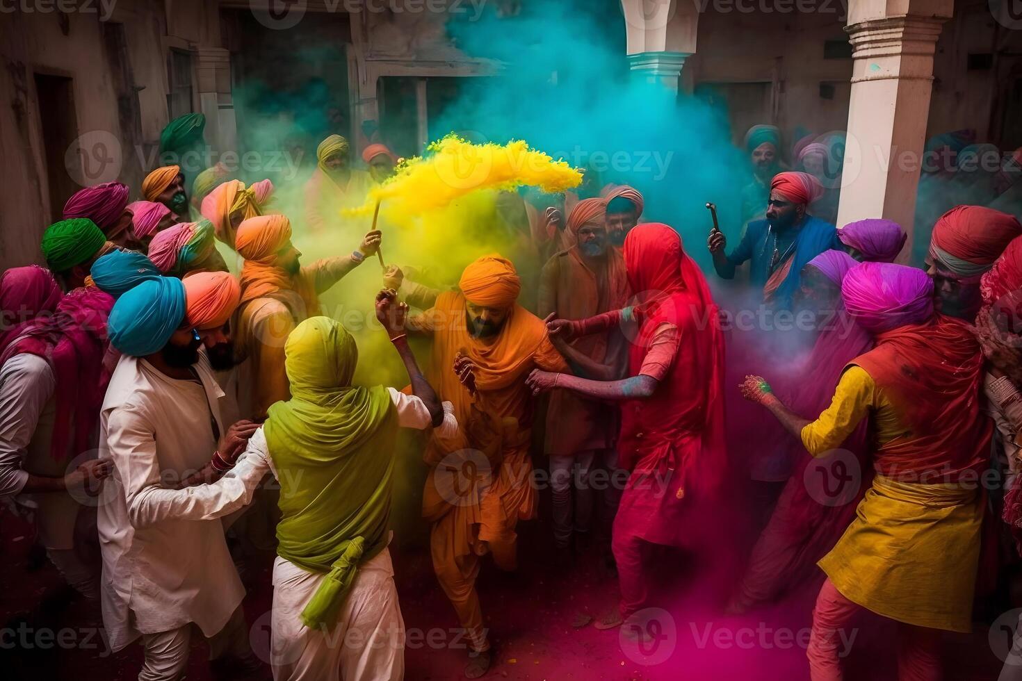 de colores polvo despedido arriba, holi celebracion. neural red ai generado foto