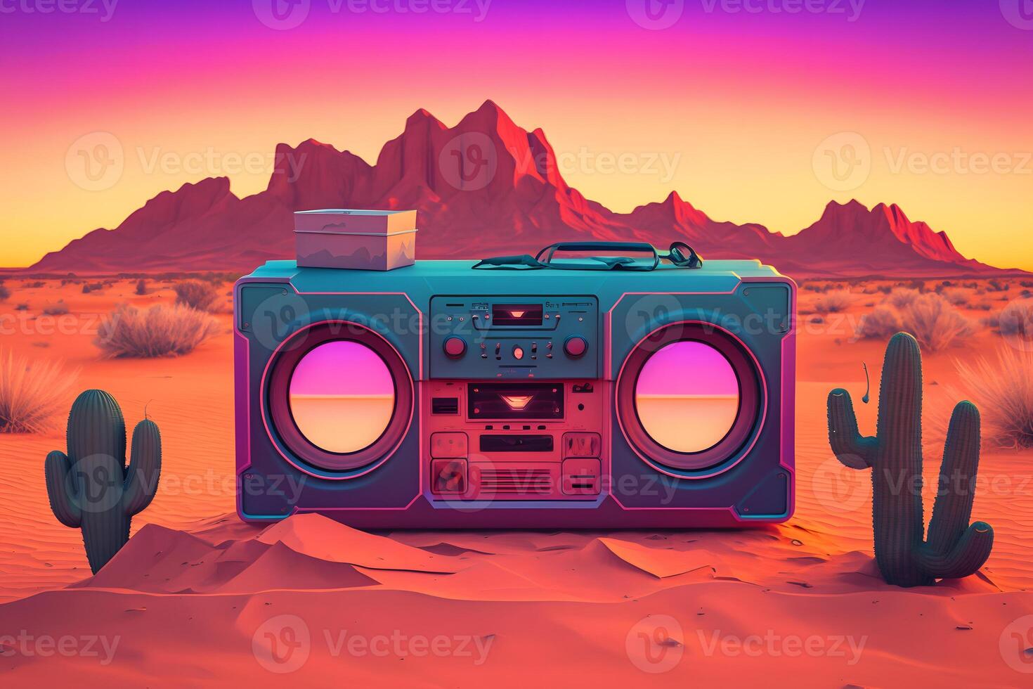 Vintage radio boombox in the desert, retrowave, synthwave. Neural network photo