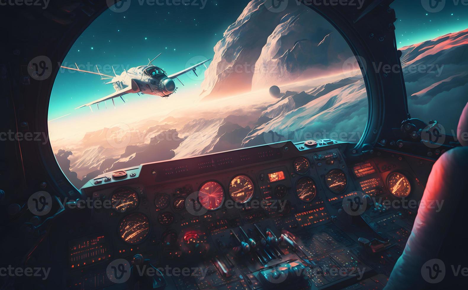 Airplane cockpit view during intergalaxy journey flight or spaceship battle. Neural network generated art photo