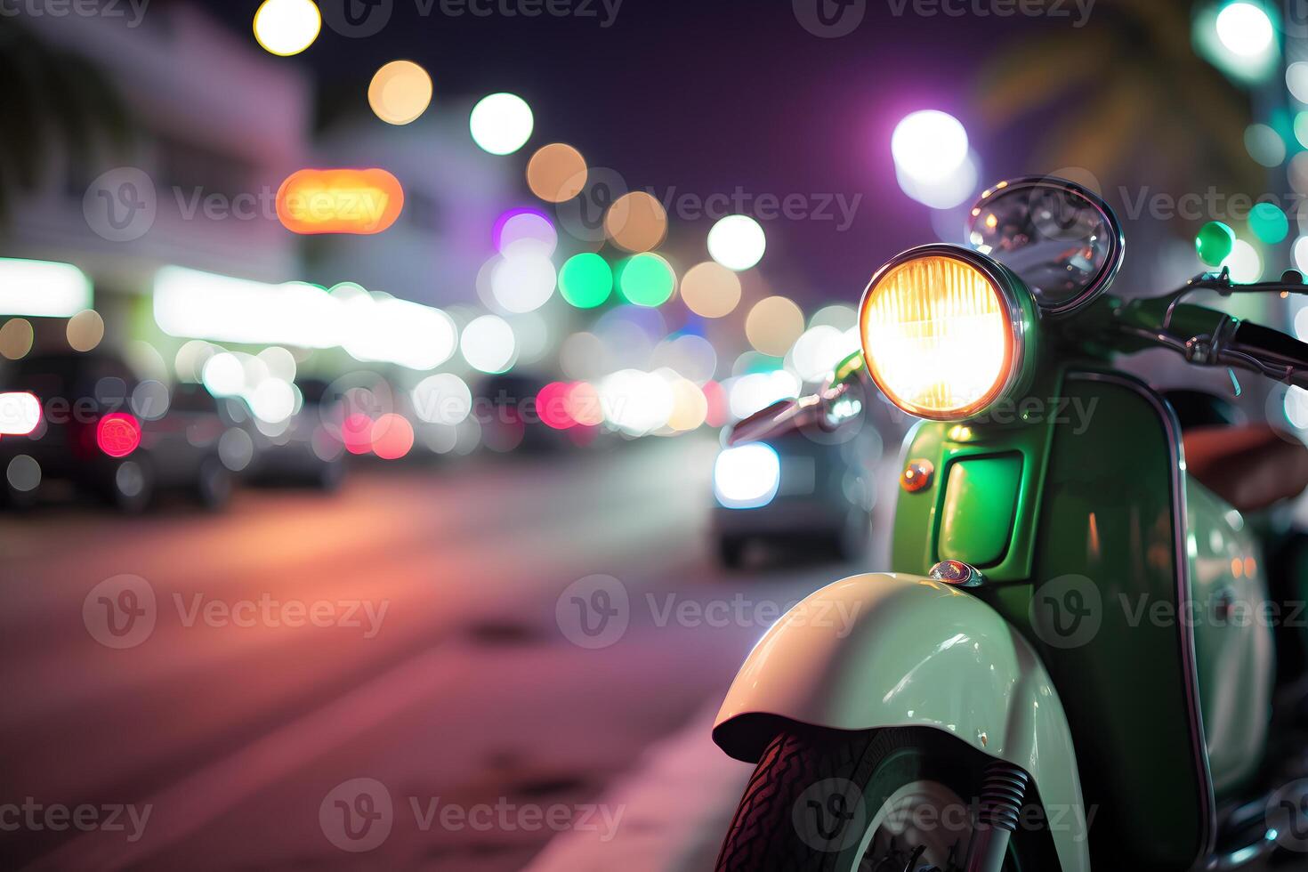 scooter ciclomotor a Oceano conducir Miami playa a noche con neón luces desde hoteles neural red ai generado foto