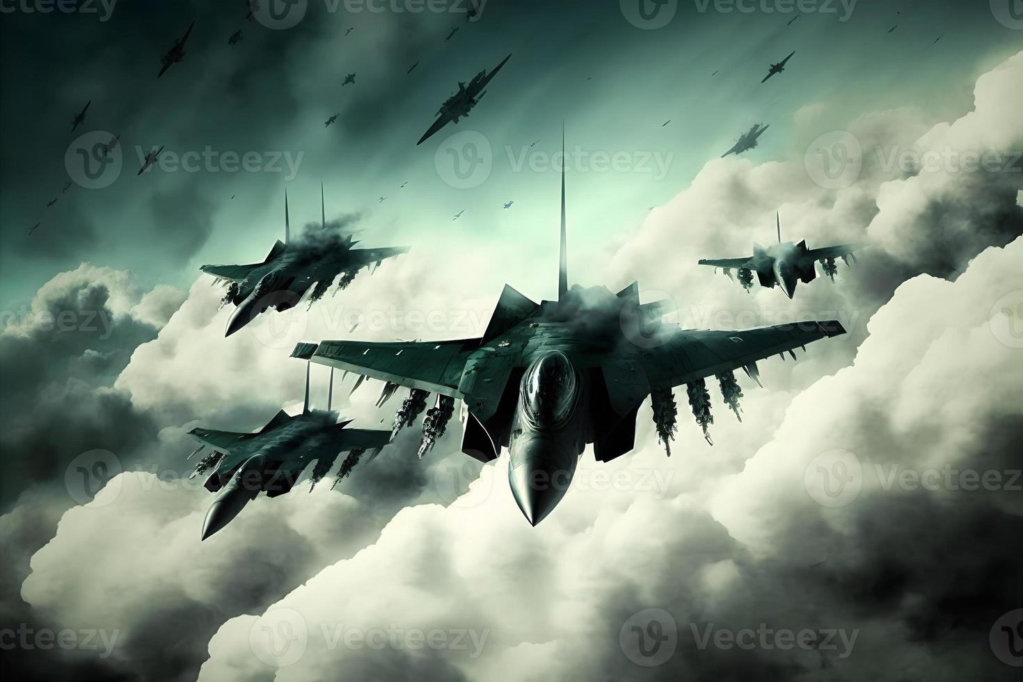 Formation of destroyer jets float in sky during aviation battle. Neural network generated art photo