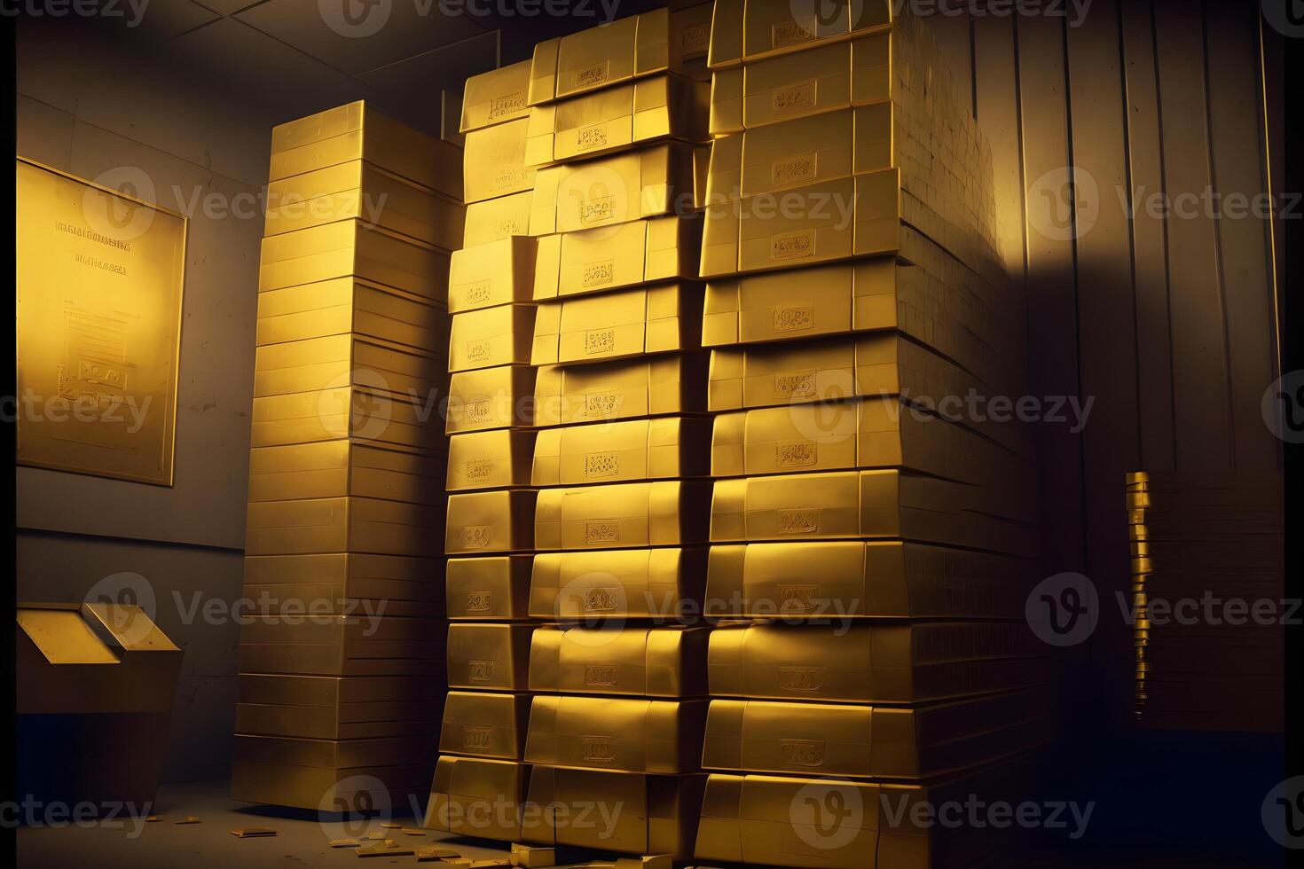 Stacks of gold bullion and safe deposit boxes in bank depository room. Neural network generated art photo