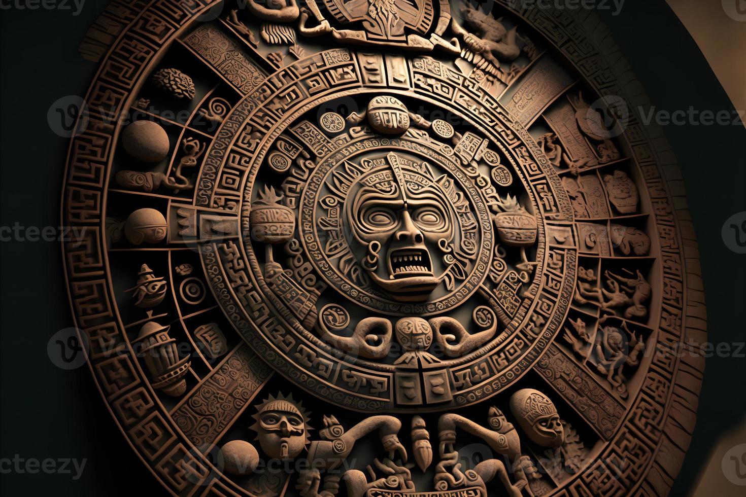 Close view of the ancient Aztec mayan calendar with round pattern and relief on stone surface. Neural network generated art photo