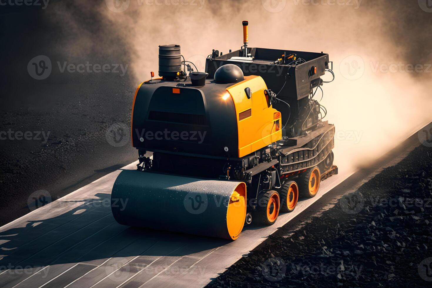 Worker operating asphalt paver machine finisher during road construction and repairing works. Neural network generated art photo