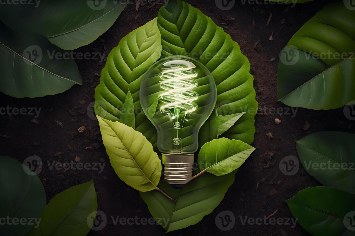 ligero bulbo en contra naturaleza en verde hojas energía fuentes para renovable, sostenible desarrollo. ecología concepto. neural red ai generado foto