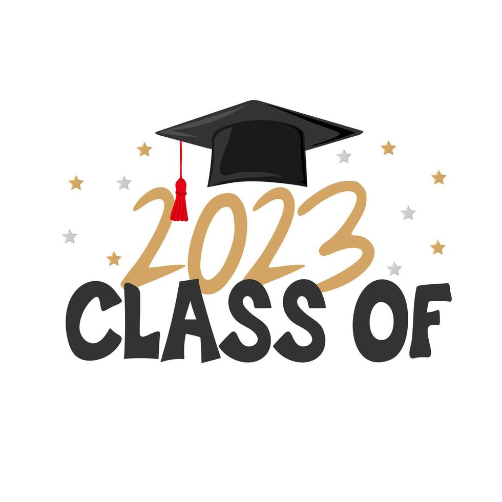 Class of 2023. Handwritten text with graduation cap vector