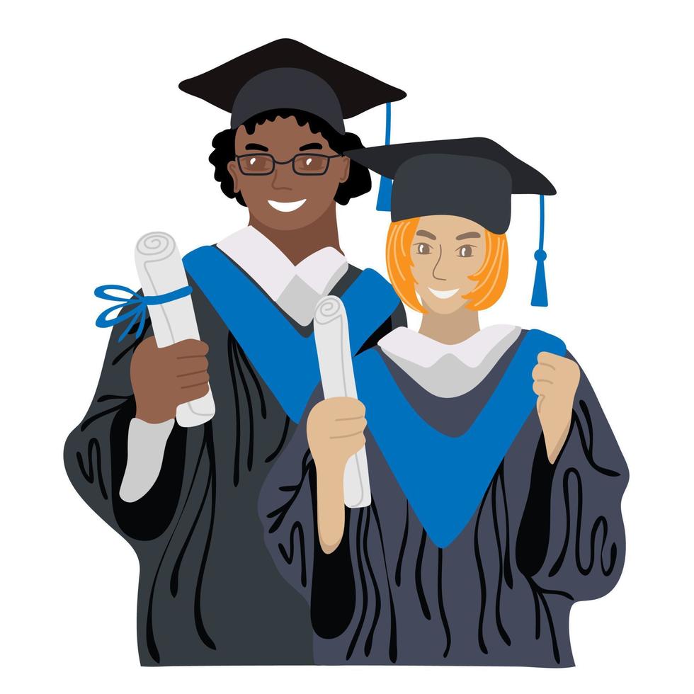 African American guy and European girl hold diplomas in their hands. Happy students with diplomas wearing academic gown and graduation cap vector