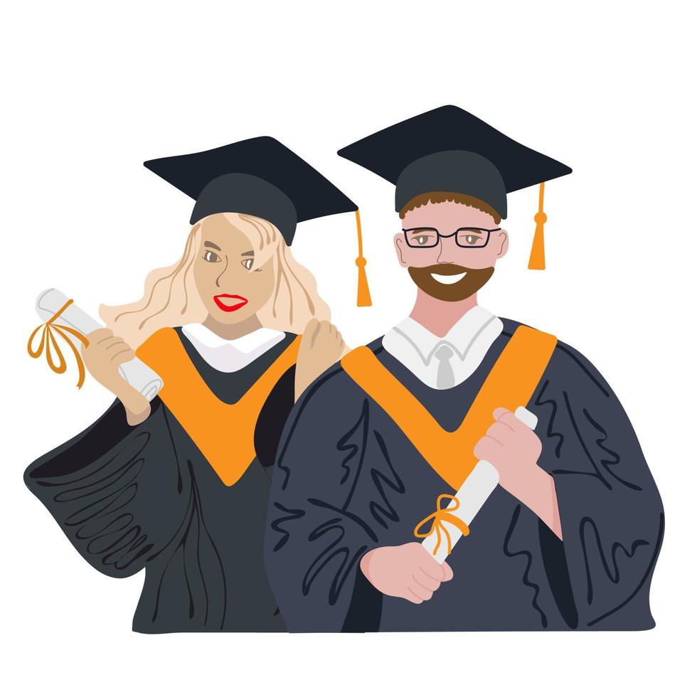 Happy students with diplomas wearing academic gown and graduation cap vector
