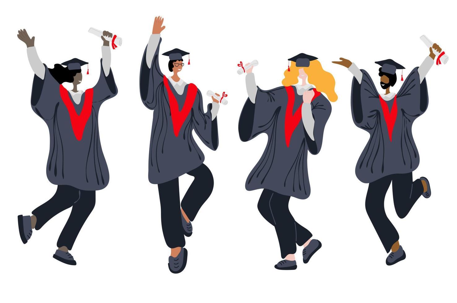 University graduates. A group of happy diverse international graduates in academic gown, graduation caps, holding diploma vector