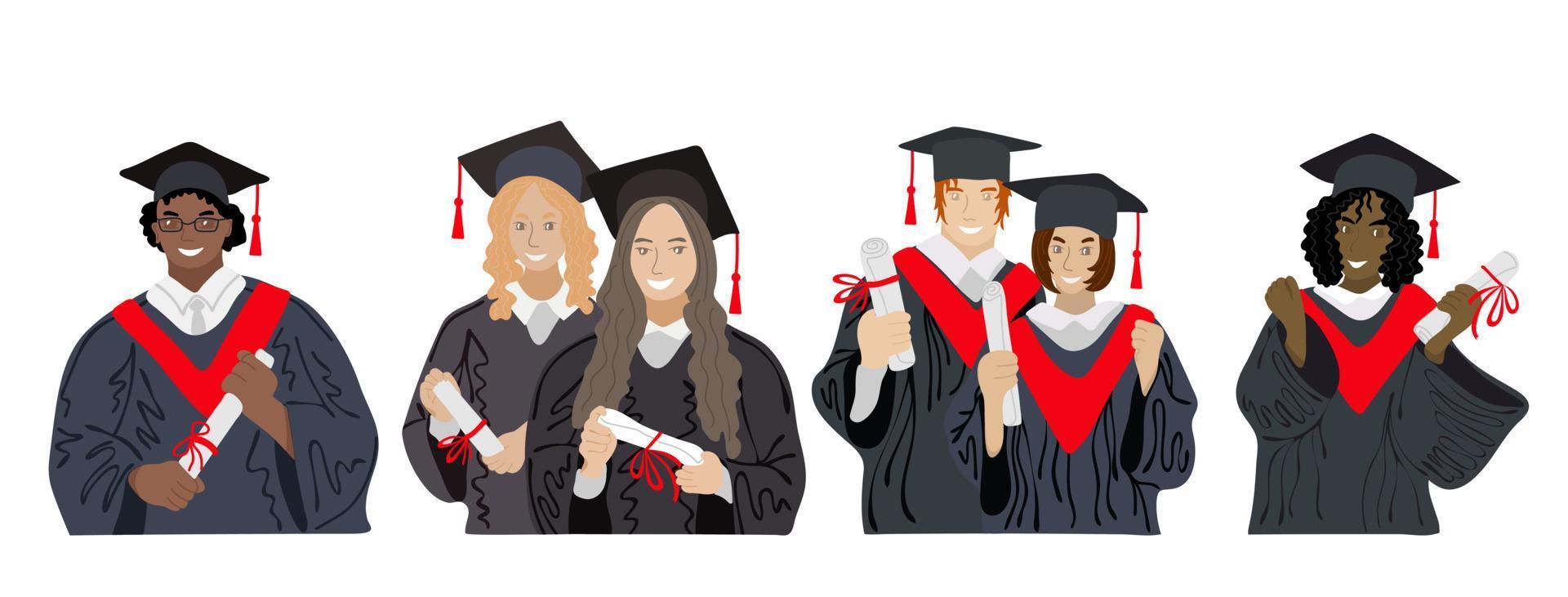 diferente étnico graduado estudiantes. contento estudiantes con diplomas vistiendo académico vestido y graduación gorra, grupo con educación certificado vector