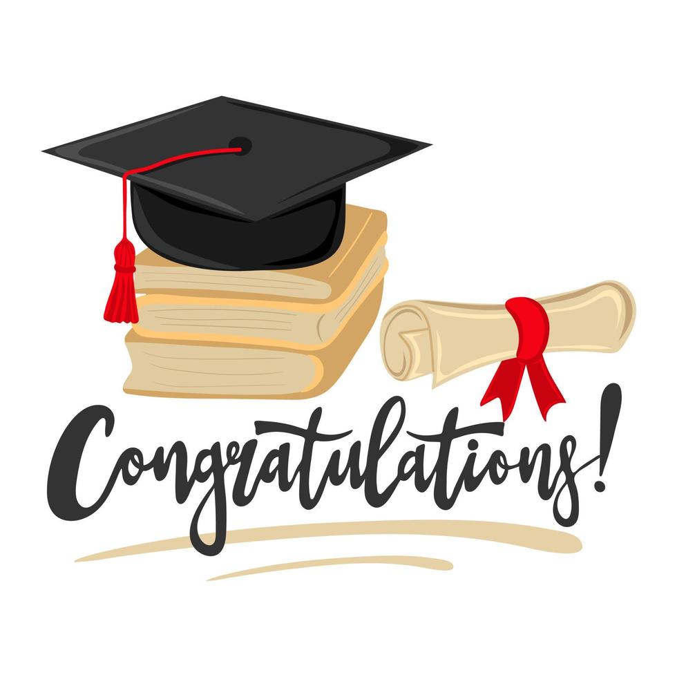 Congratulations. Handwritten text with graduation cap, books and scroll of diploma vector