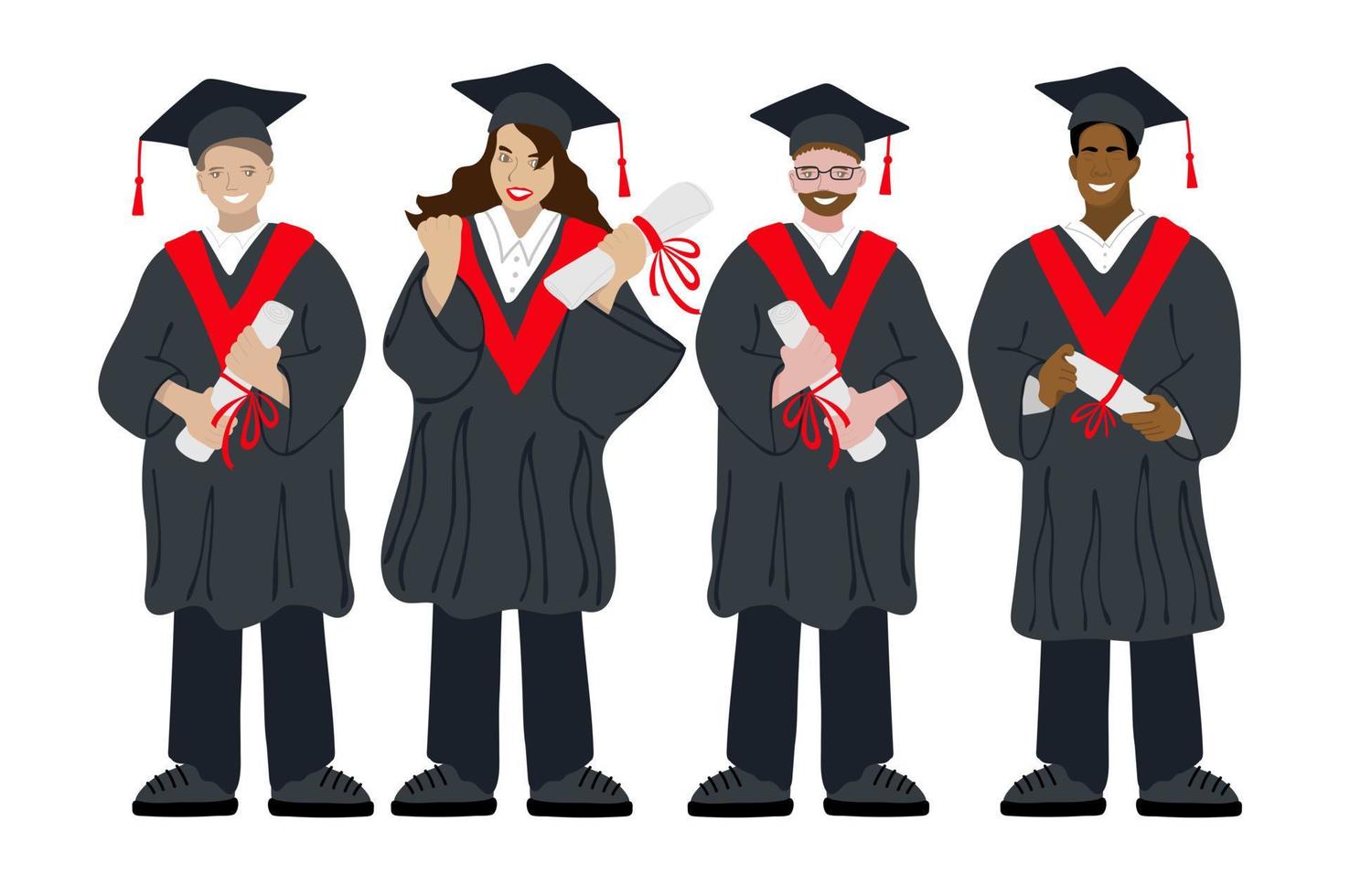 Different ethnic graduated students. Happy students with diplomas wearing academic gown and graduation cap, group with education certificate vector