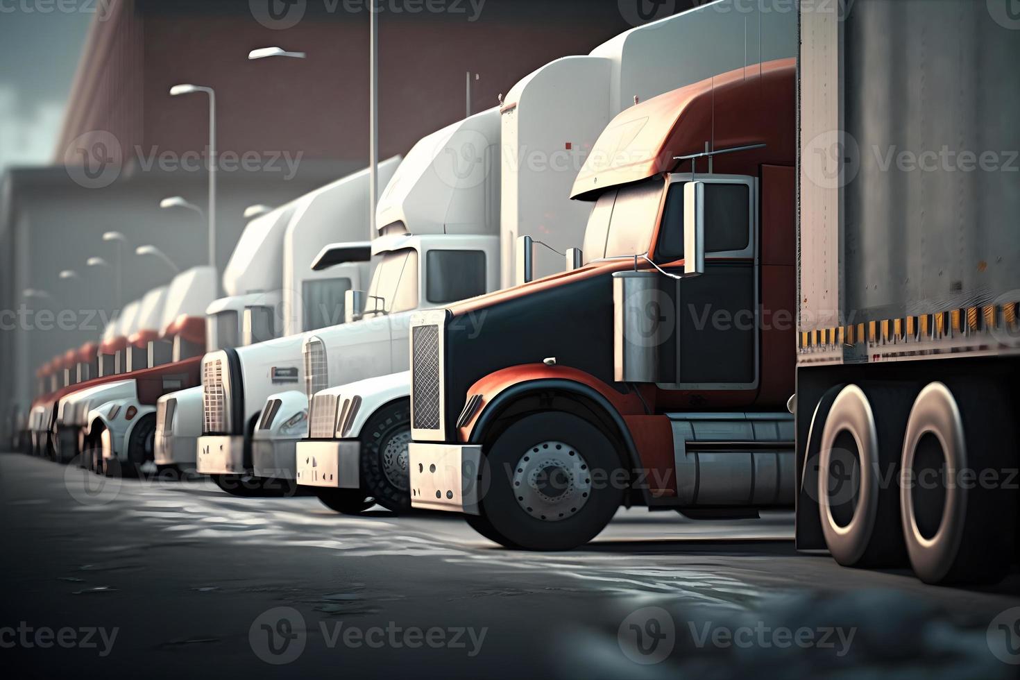 Semi Trailer Trucks on Parking lot. Delivery Trucks for Cargo Shipping. Lorry Industry Freight Truck Logistics Transport. Neural network generated art photo