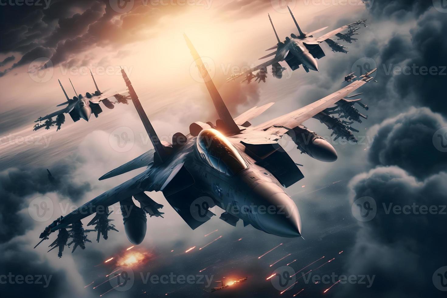Formation of destroyer jets float in sky during aviation battle. Neural network generated art photo